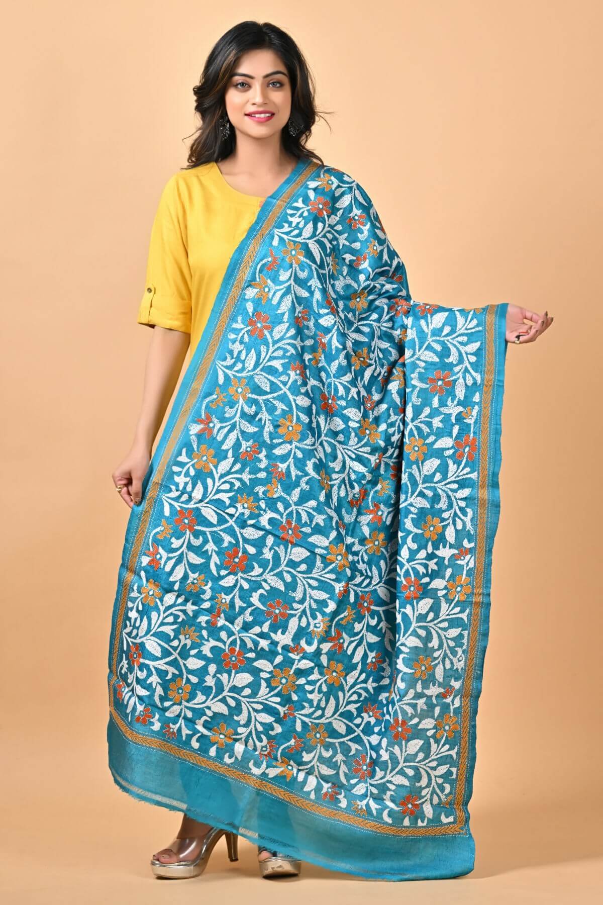 D104-1.jpg Blue Floral Pure Tussar Kantha Dupatta - Image 1