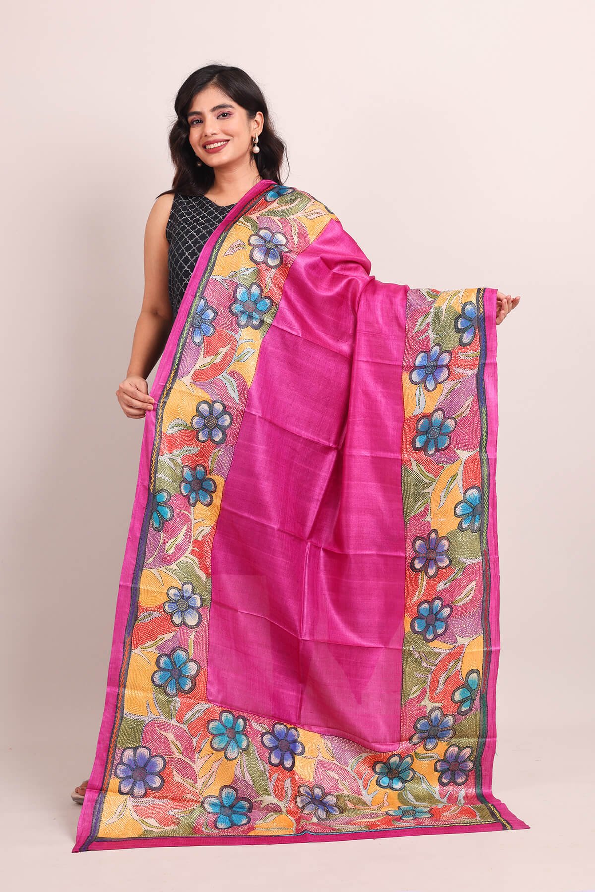 D13-1-1.jpg Pink Hand Painted Floral Pure Tussar Kantha Dupatta - Image 1