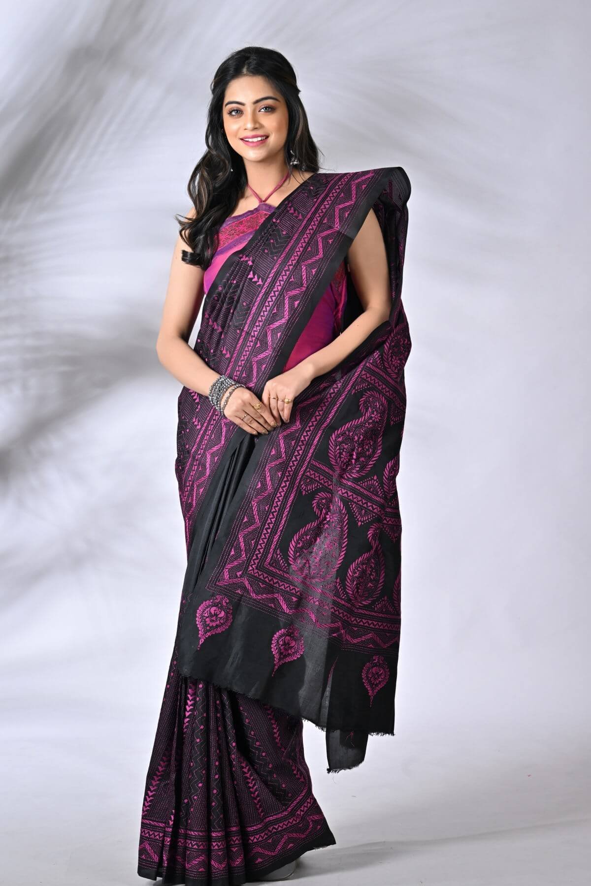 S111-1.jpg Black Paisleys Pure Silk Kantha Saree - Image 1