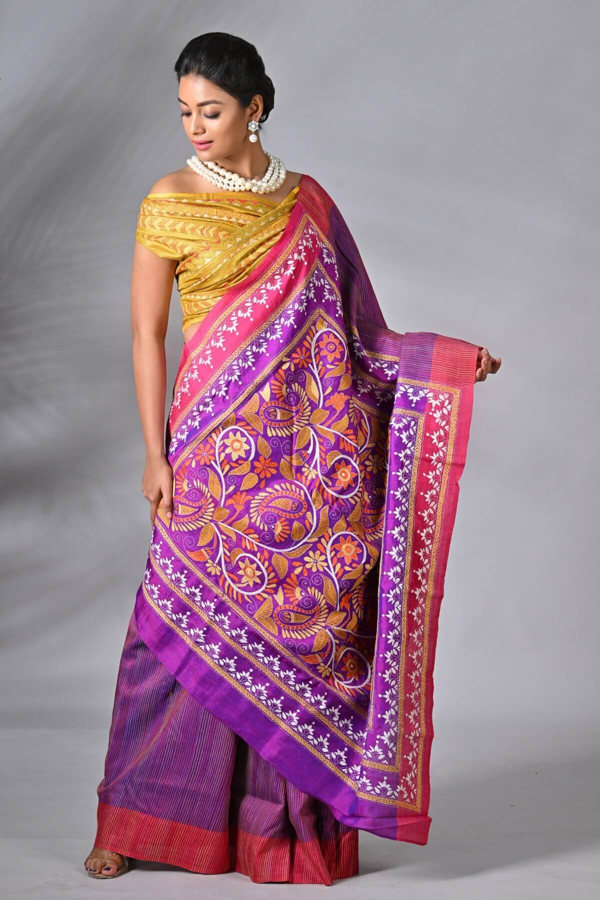 S113-1.jpg Purple Floral Pure Silk Kantha Saree - Image 1