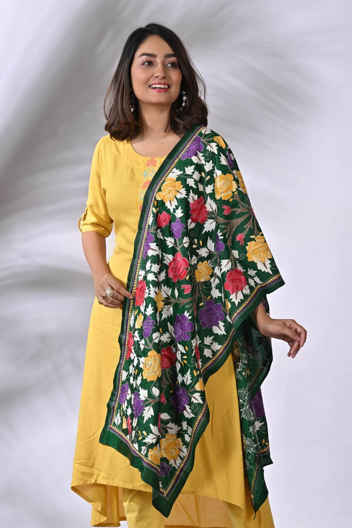 ST44-1.jpg Green Floral Pure Silk Kantha Stole - Image 1