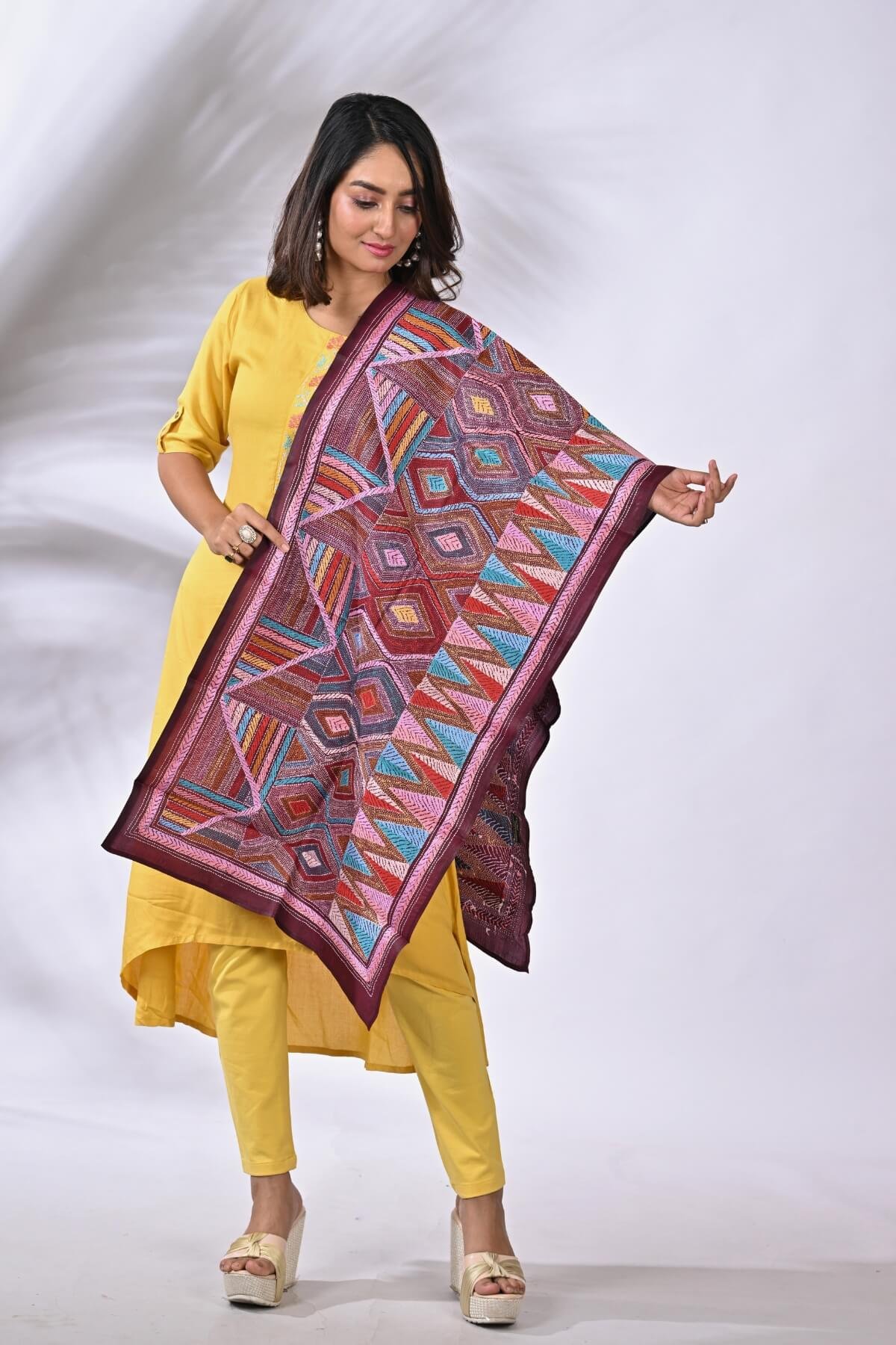 ST45-1.jpg Maroon Geometrical Pure Silk Kantha Stole - Image 1