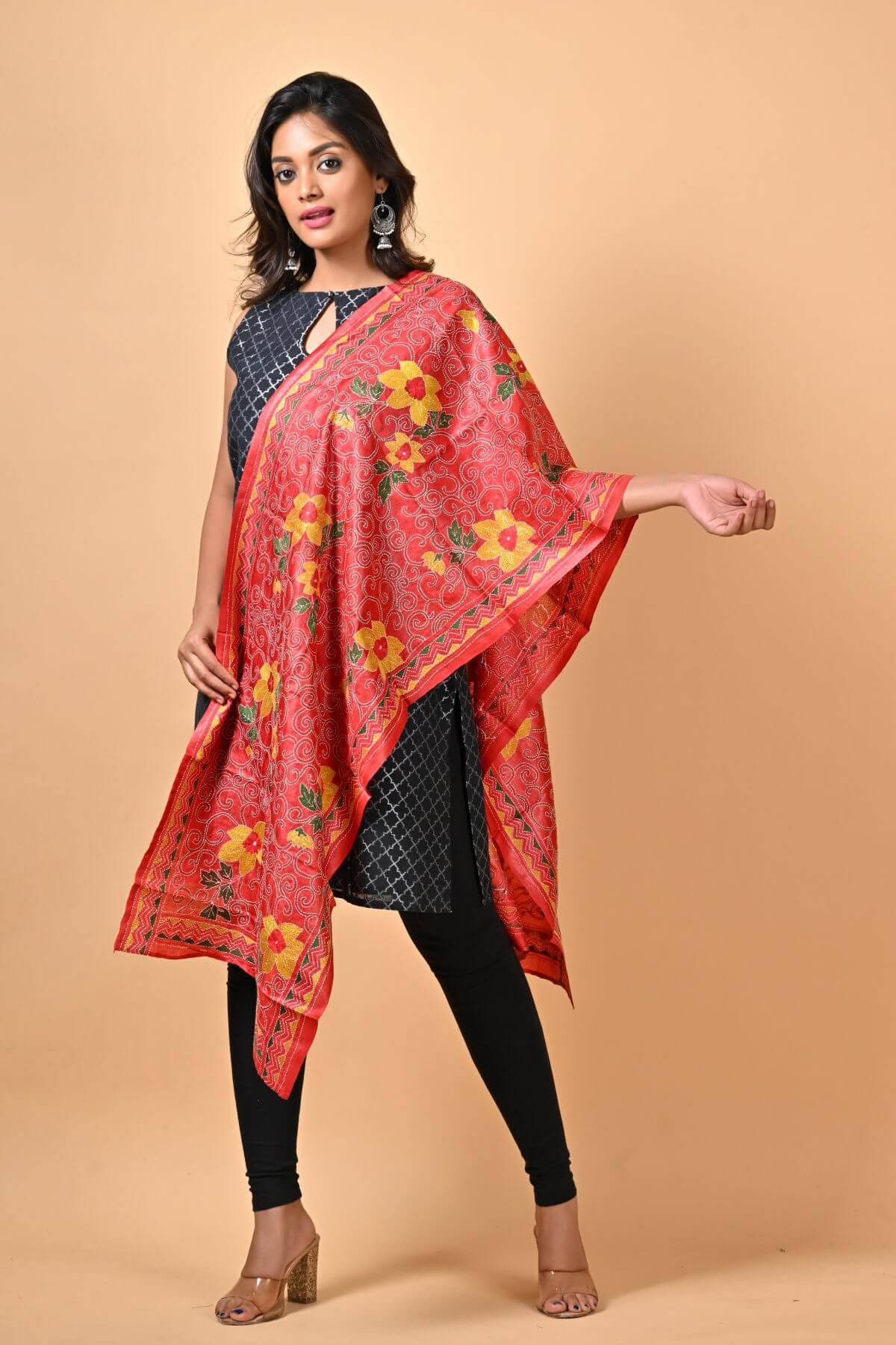 ST57-1.jpg Red Floral Pure Tussar Kantha Stole - Image 1
