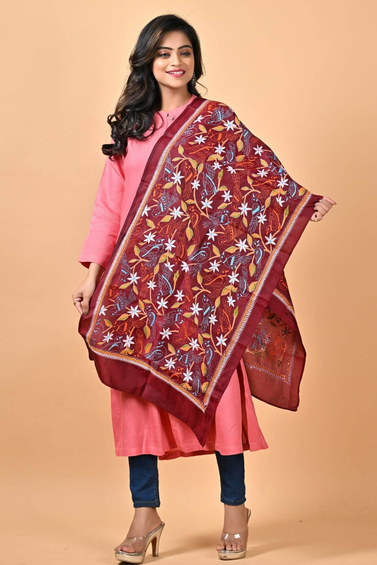 ST62-1.jpg Maroon Birds Pure Silk Kantha Stole - Image 1