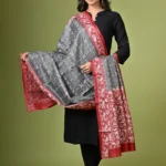 Grey and Red Pure Tussar Kantha Dupatta