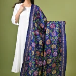 Blue Floral Pure Silk Kantha Dupatta