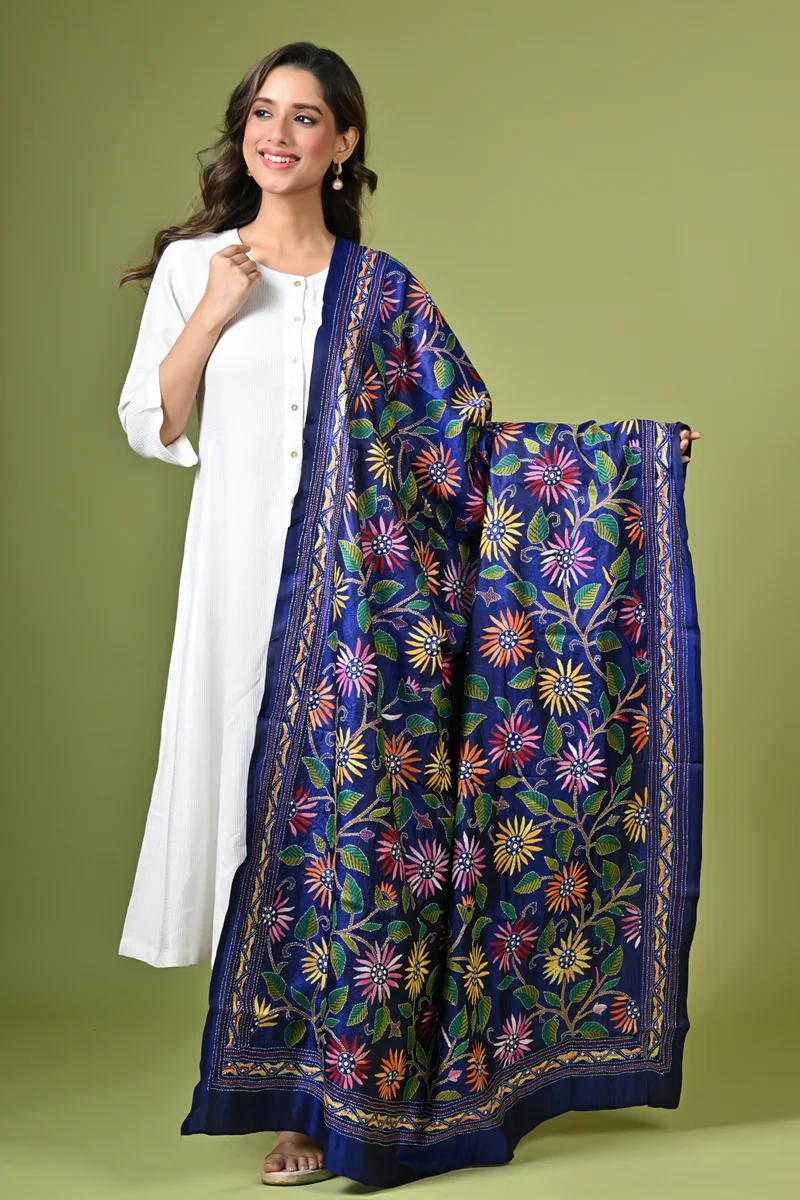D210-1 Blue Floral Pure Silk Kantha Dupatta - Image 1