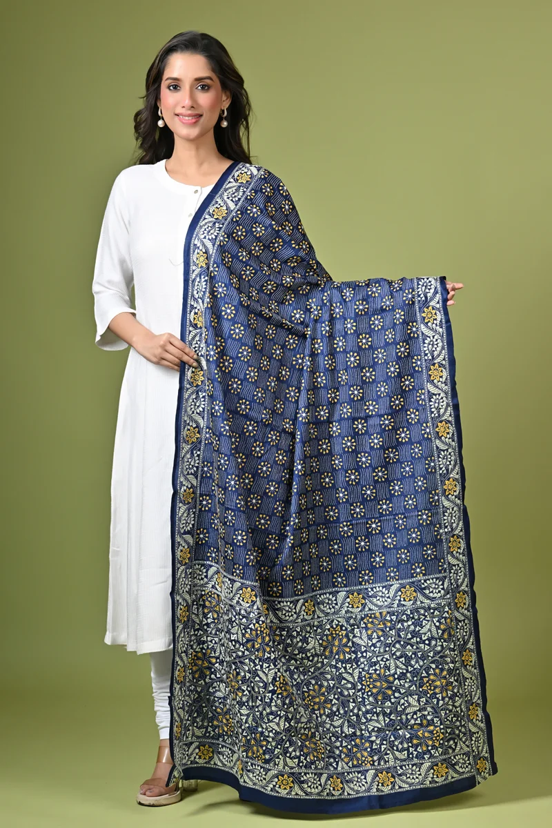 D212-1 Blue Traditional Silk Kantha Dupatta - Image 1