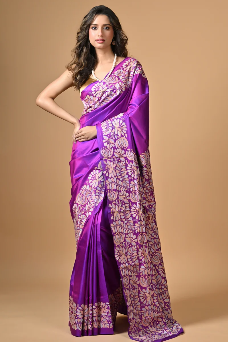 S275-1 Purple Floral Kantha Hand Embroidered Pure Silk Saree - Image 1