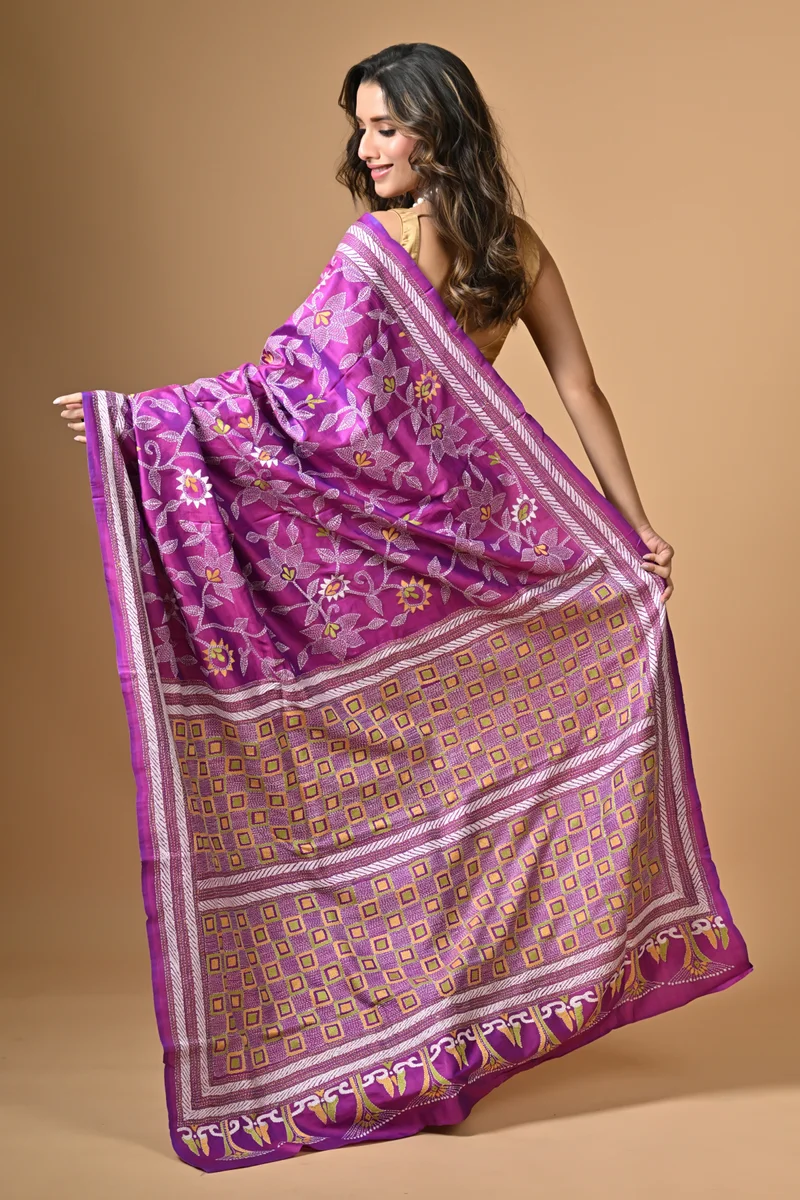 S276-3 Purple Floral Kantha Hand Embroidered Pure Silk Saree - Image 1