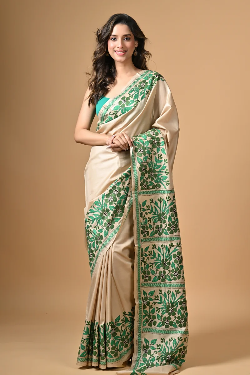 S282-1 Off White Floral Kantha Hand Embroidered Pure Tussar Saree - Image 1