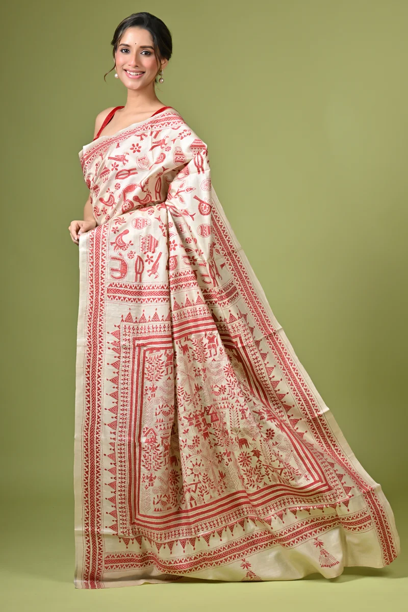 S290-2 Off White Folk Motifs Kantha Hand Embroidered Pure Tussar Saree - Image 1