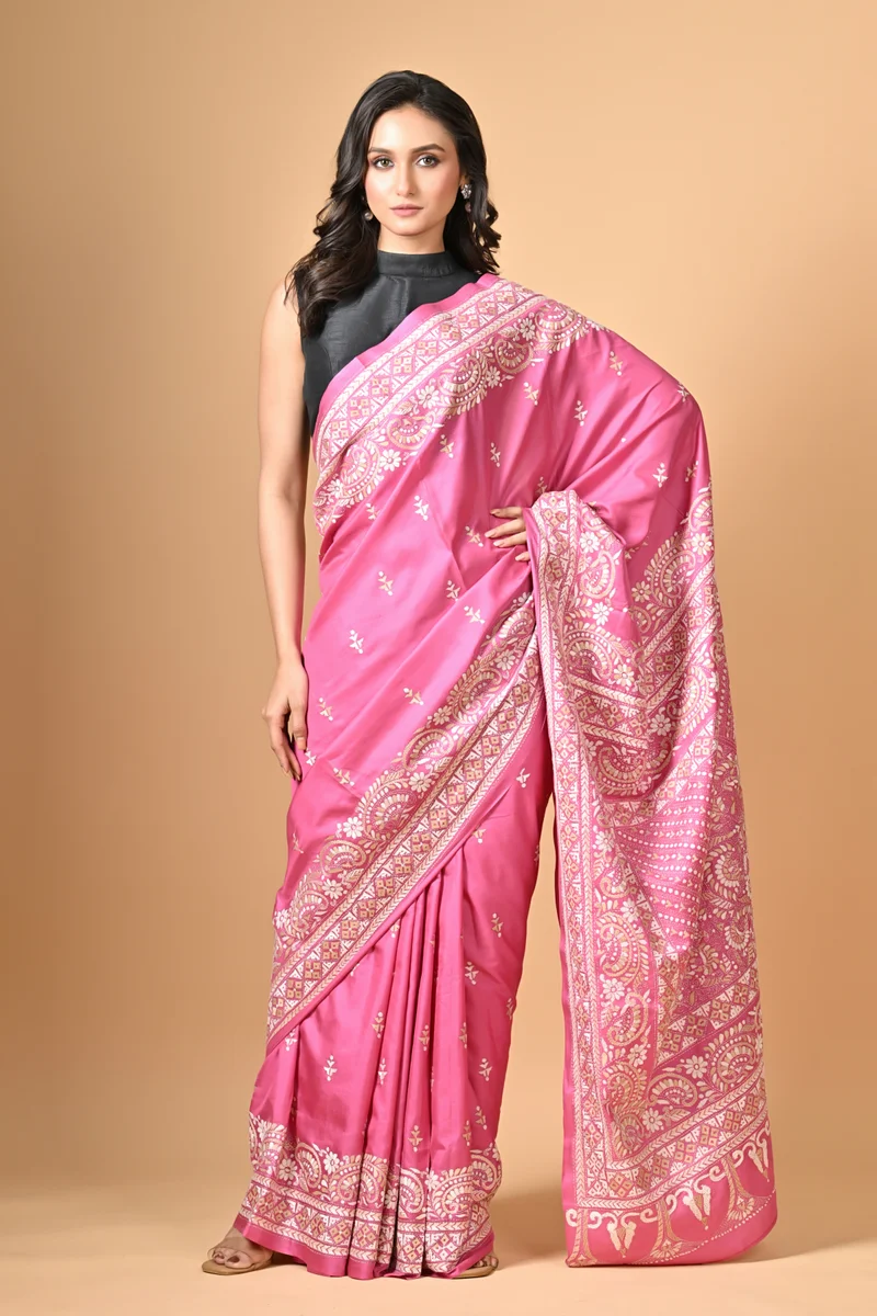 S297-1 Pink Traditional Paisleys Kantha Hand Embroidered Pure Silk Saree - Image 1