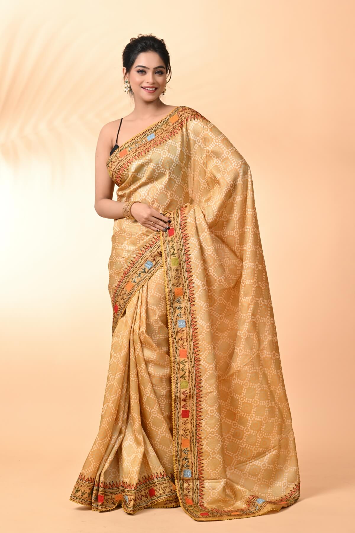 Light Yellow Bandhni Pure Tussar Kantha Saree
